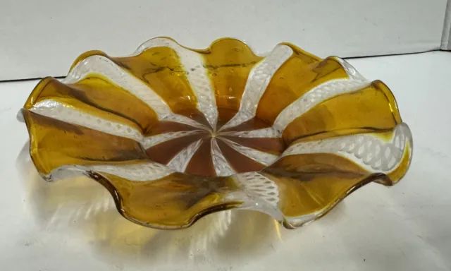 Vintage Small Hand Blown Art Glass Amber & White Art Deco Flower Dish Bowl 6.25"