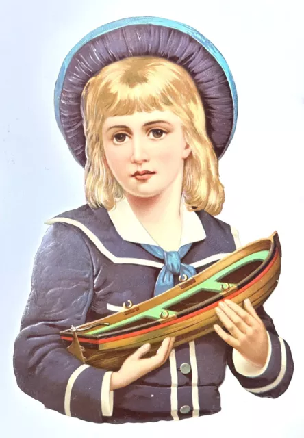 Handsome Boy With Wooden Boat SAILOR OUTFIT Blonde Hair LARGE Victorian Die Cut