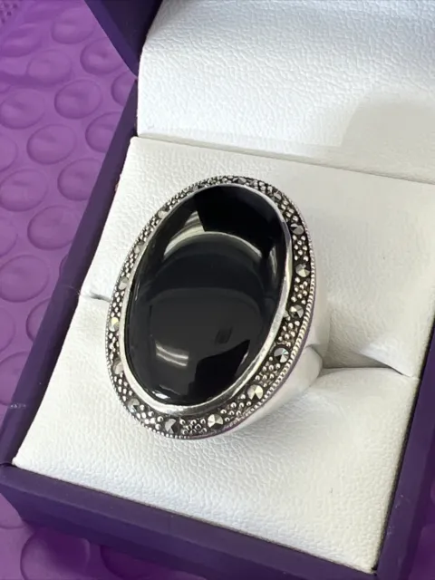 ❤️ Stunning Large Vintage Sterling Silver 925 Black Onyx Marcasite Ring Sz 8