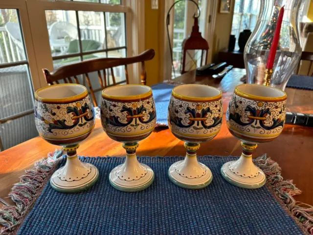 Set 4 / Deruta Wine or Water Goblets Glasses Italian Majolica, about 7in High