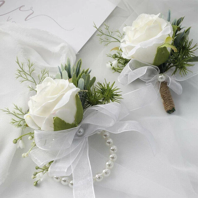 Hot Wedding Flower Rose Wrist Corsage Wristlet Band Bracelet Men Boutonniere Set