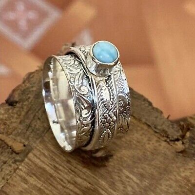Natural Larimar Stone 925 Sterling Silver Spinner Handmade Ring Wedding Gift