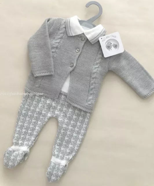 Baby Boys & Girls Grey Romany Spanish Style Knitted 3 Piece Outfit 3-6M