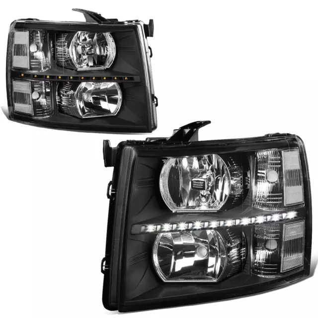 [LED DRL Strip]Fit 07-14 Chevy Silverado Black Housing Clear Corner Headlight