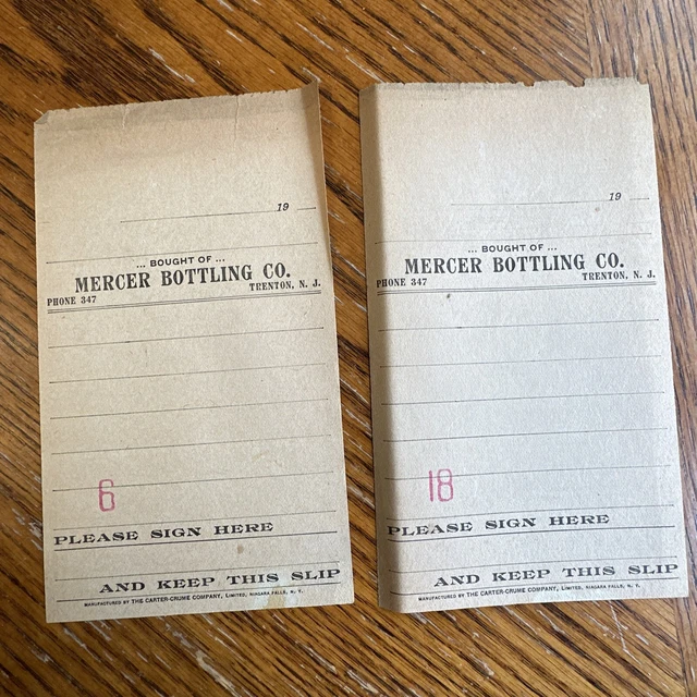 Antique Mercer Bottling Company Blank Receipts for Shipping? Trenton NJ ~1910s