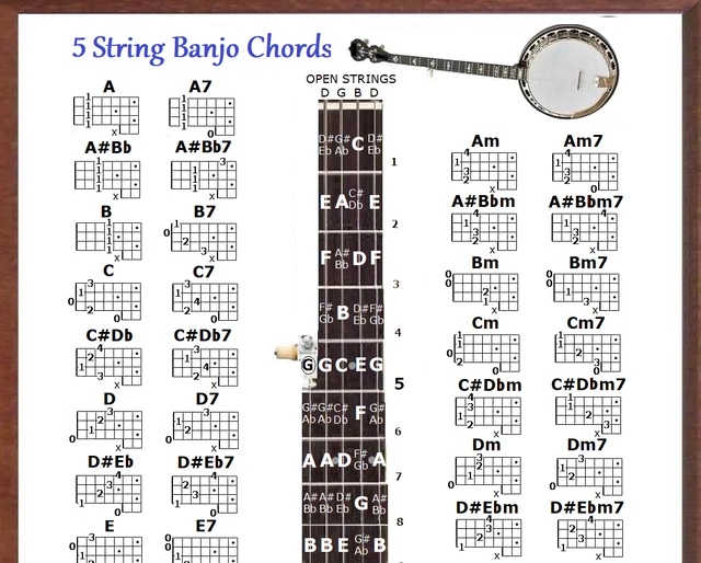 BANJO CHORD WALL Chart Poster Fretboard Standard C Tuning 5 String