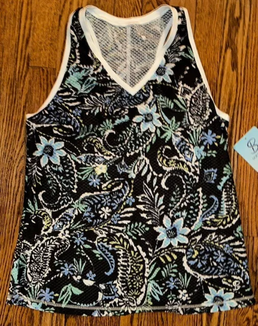 NEW Sofibella Women's LARGE Airflow Muscle Tennis Tank Top Navy Blue Floral