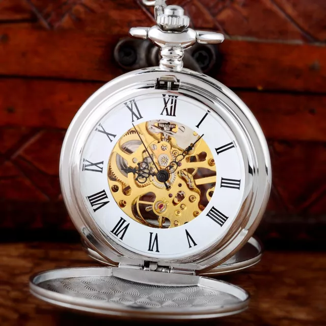 Silver Steampunk Double Hunter Skeleton Mechanical Pocket Watch Men Windup Chain