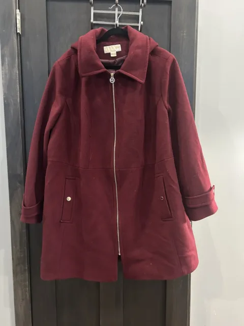 Women’s Michael Kors Burgundy Wool Blend Hooded Jacket Peacoat Pea Coat Sz 3X