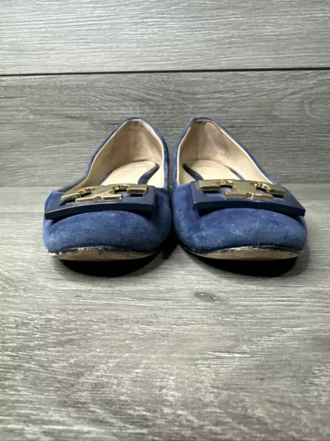 Tory Burch GIGI  Royal Navy Suede Pumps Low Heel Gold Logo Sz 7M 3