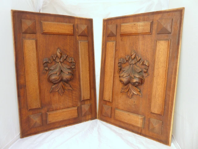 23" Antique French Carved Wood Panel Gothic PAIR Fruits Salvage + Ribbons Bow 2
