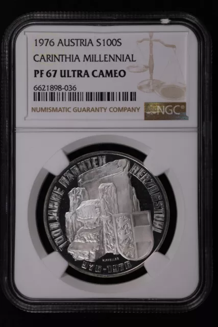 1976 Austria Silver 100 Schilling 1000th Anniversary Carinthia - NGC PF 67 UC