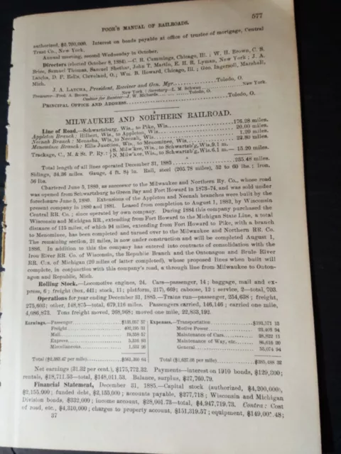 1886 Zugbericht MILWAUKEE & NORTHERN RAILROAD Pike Hilbert Neenah Wisconsin