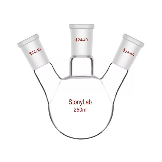 StonyLab Glass 250ml Heavy Wall 3 Neck Round Bottom Flask RBF, with 24/40 Cen...