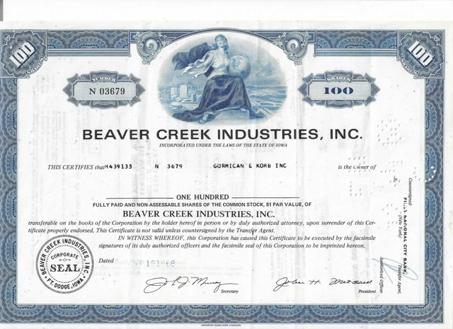 Beaver Creek Industries Stock Certificate 1968 Gormican & Korb Inc. Iowa