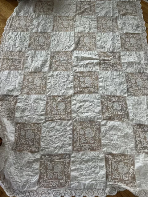 antique beautiful linen lace tablecloth  embroidered floral Handmade Net Squares