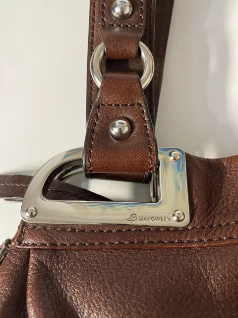 B MAKOWSKY SHOULDER Bag Handbag Purse Brown Leather Satchel Zip Silver ...