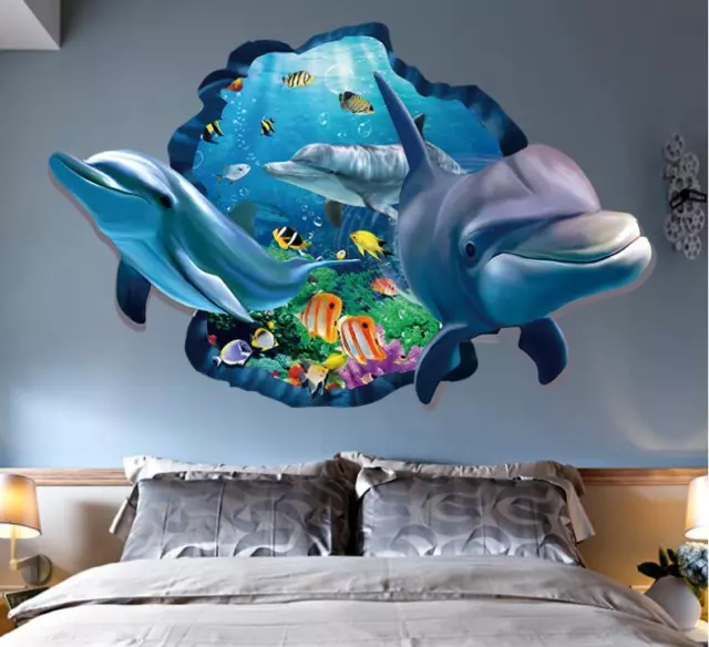 Huge Wall decal Sticker Ceiling Floor Dolphin 3D living room bedroom Bathroom
