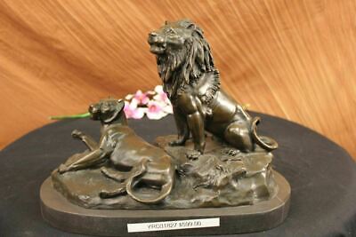 Beautiful 23 Lbs Mounted Hotcast Genuine Bronze Lion Statue Family Sculpture