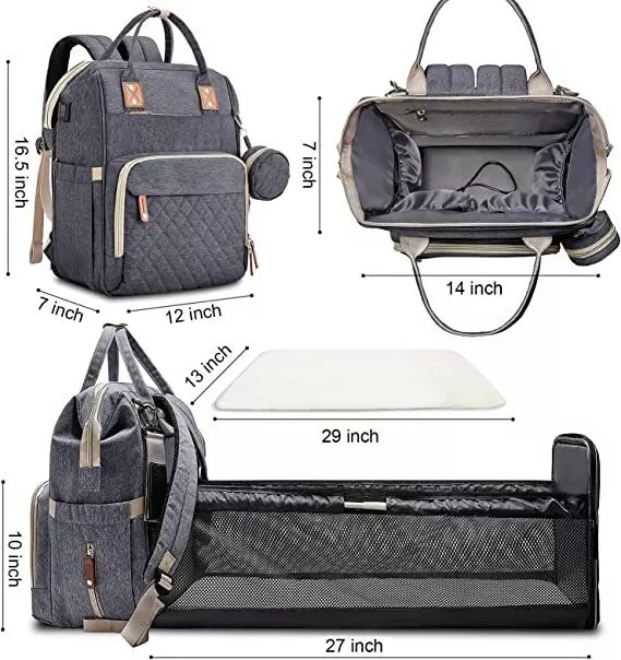 Multi-Functional Baby Diaper Bag Backpack with Bassinet Changing Station Crib 14