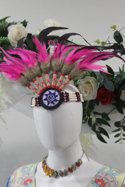 Indian headband handmade bone and leather beadings natural feathers dye colors