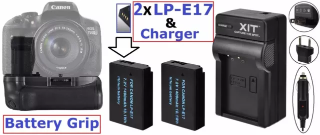 Battery Grip + 2-Pcs LP-E17 Battery & Charger For Canon Rebel T6i T6s 760D 750D