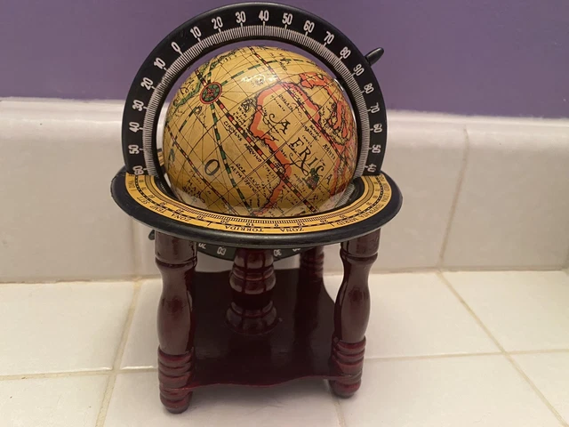 Vintage Old World Desktop Globe With Compass  Wooden Stand 7"