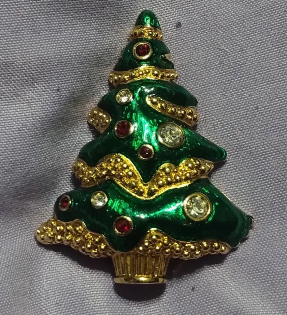 Vtg Swan Signed Swarovski Gold Plated Enamel Crystal Christmas Tree Pin Brooch