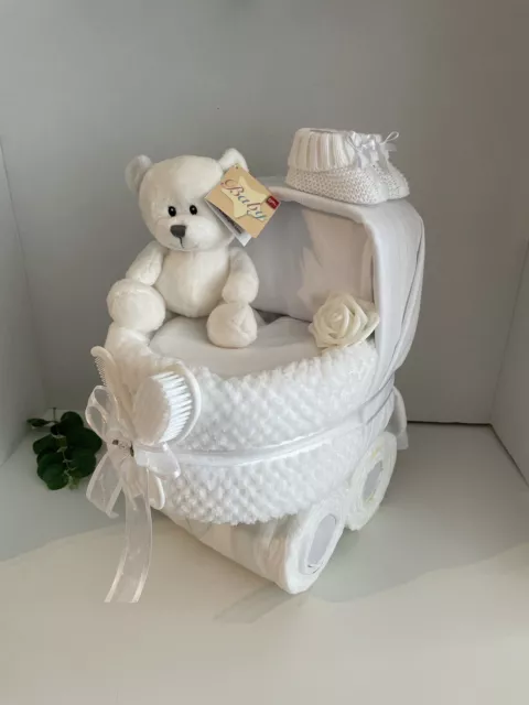 White Nappy Cake Pram, Baby Gift Hamper, Baby Shower Gift, Unisex Baby Gift