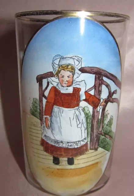 Vetro Antico Bicchiere Da Decoro Di Donna Bretone Smaltato Folklore
