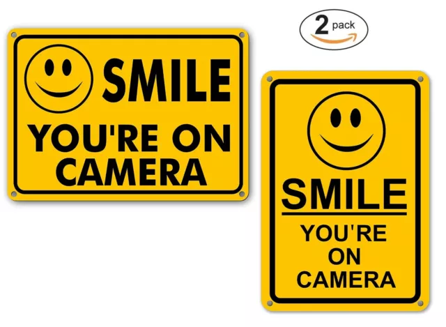 (2) Smile You're on Camera Yellow Warning Signs Home Yard Security cctv Sign