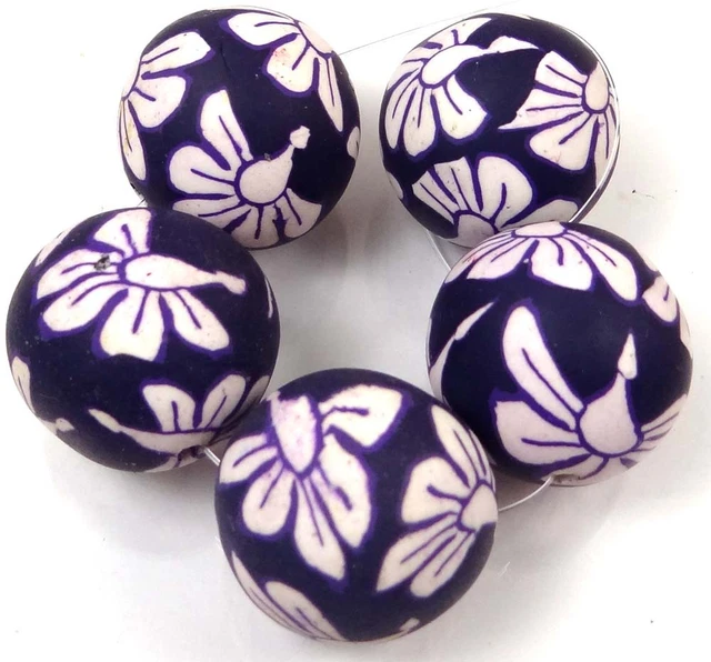 5 Handmade Polymer Clay Round Pendant Beads - Dark Purple / Jet 25mm