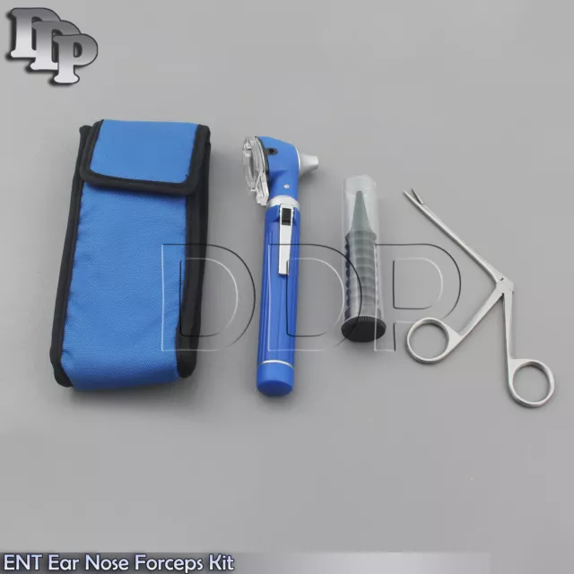 BLUE MINI FIBER OPTIC Otoscope LED Diagnostic+Alligator ENT EAR NOSE forceps KIT 3