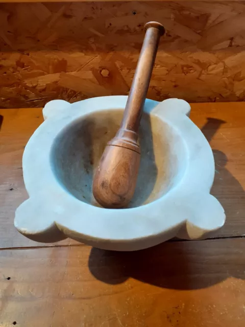 Stunning vintage marble mortar and wooden pestle - lovely patina!