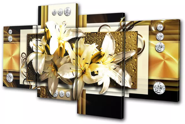 Abstract Modern Gold Floral MULTI CANVAS WALL ART Picture Print VA