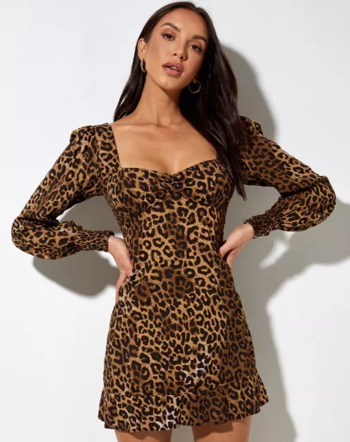 BNWT Motel Rocks Leopard Dress Square Neck Long Sleeve Tielo Size Med