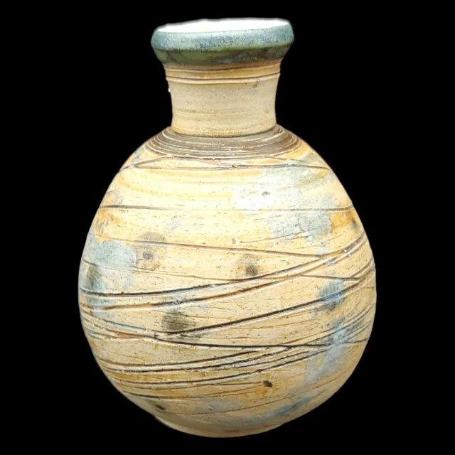 Handmade Signed Stoneware Pottery Bud Vase, 5" Small Beige Rustic Farmhouse Boho