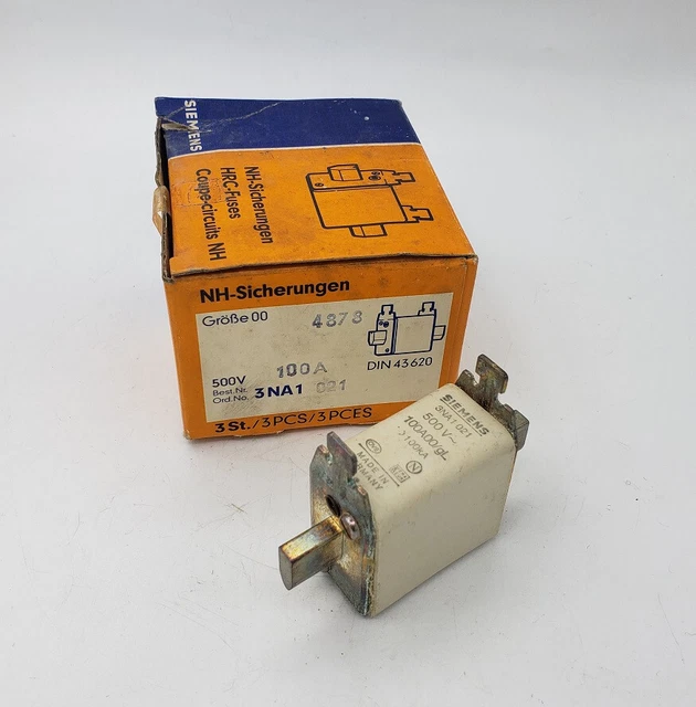 3x Siemens Sécurité 3NA1 021 Insert Fusible 100A 500V 3NA1021