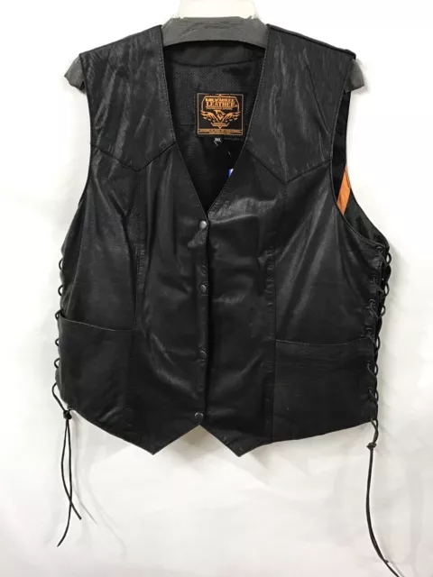 Mens Milwaukee Leather Black Lace Up Sides Biker Vest Size 3XL Pockets EUC