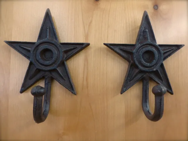2 LARGE 7" BROWN STAR WALL HOOKS ANTIQUE-STYLE CAST IRON western rustic hat coat