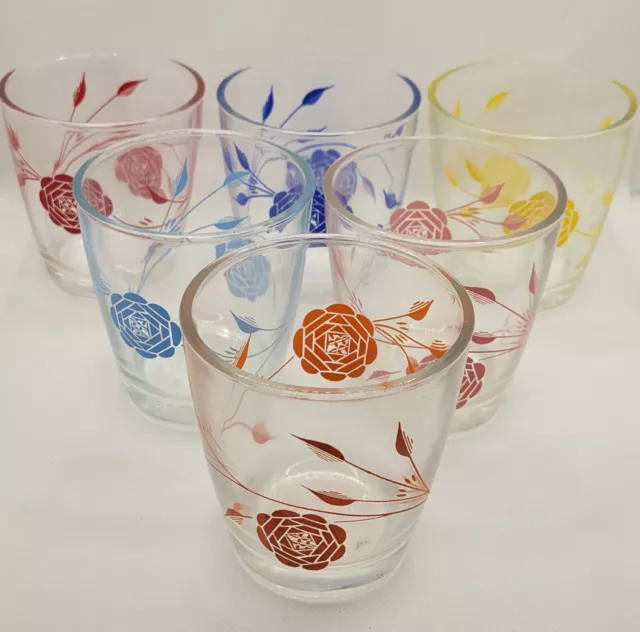 Set of 6 Vintage 1950s Hazel Atlas Sour Cream Glasses Roses Flowers 1/2 Pint