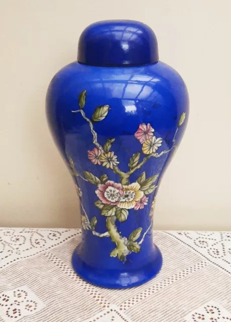 Vintage Crown Devon Fieldings Temple Jar Prunus Spring Blossom Royal Blue
