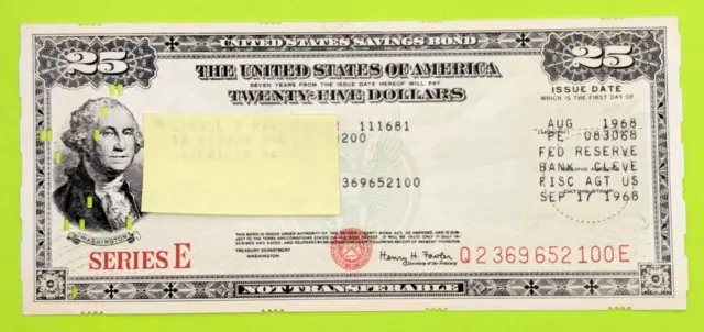 1968 - $25 US Savings Bond Series E  Washington Punch Card Fed Reserve Cleveland