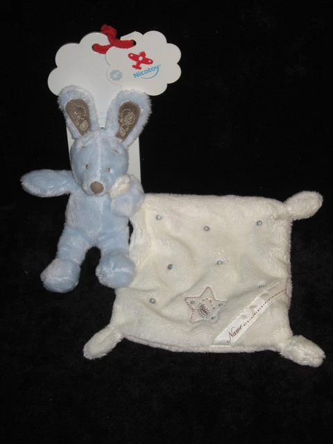 Doudou Lapin bleu et marron carré blanc écru Name My Friend Nicotoy Simba Toys