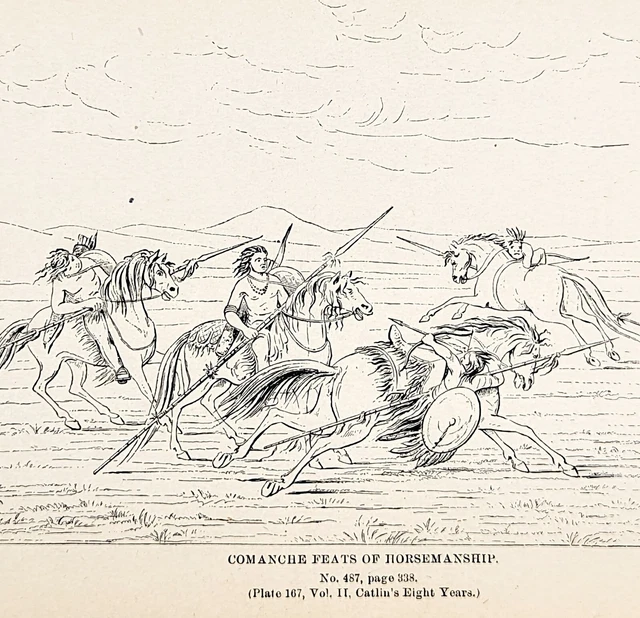 1885 Comanche Horsemanship Feats Engraving G. Catlin Native American