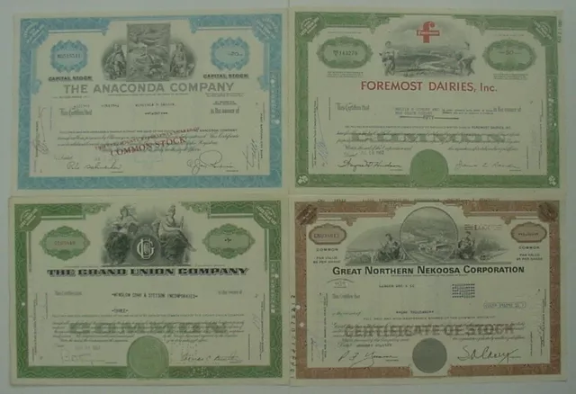14 Stock Certificates- Anaconda, Grand Union, Pennsylvania Railroad, Chas Pfizer