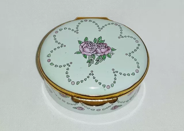 Crummles English Enamels Trinket Box ~ Pink Roses With Border Of Hearts