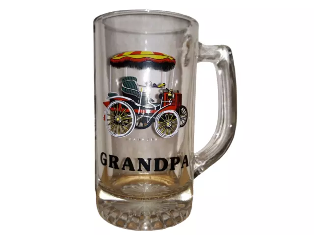 Vintage Glass Beer Mug Stein Antique Daimler Car Grandpa  Man Cave Liquor Bar