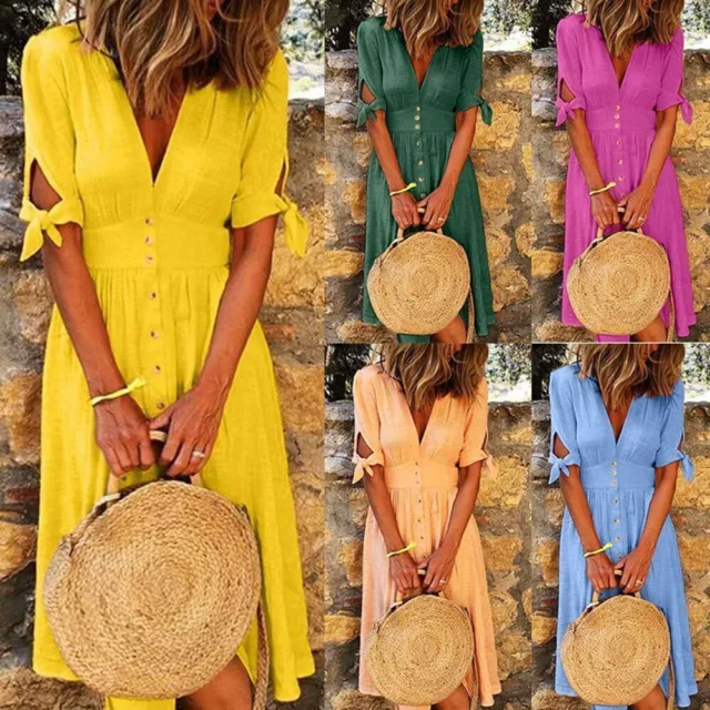 Women V Neck Midi Dress Ladies Summer Holiday Beach Casual Button Swing Sundress