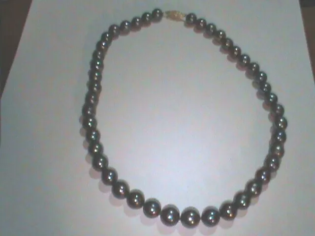 Large 9 to 9.5 MM Black Pearl Necklace  Big Solid 14kt Gold Clasp Filigree Style
